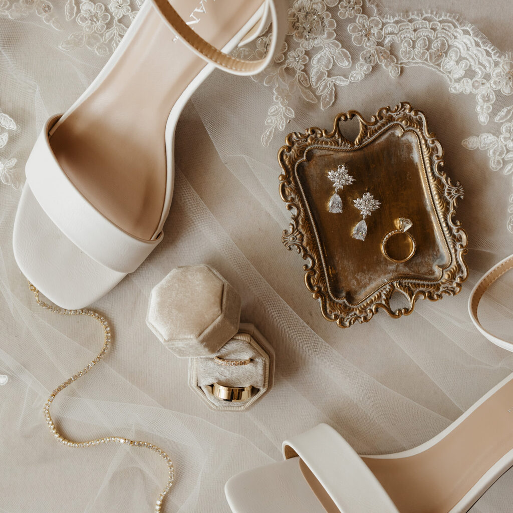 wedding rings, shoes, earrings
