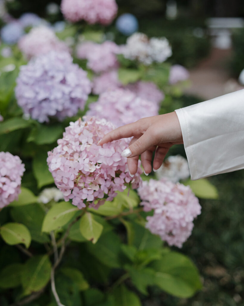 woman touches a flower