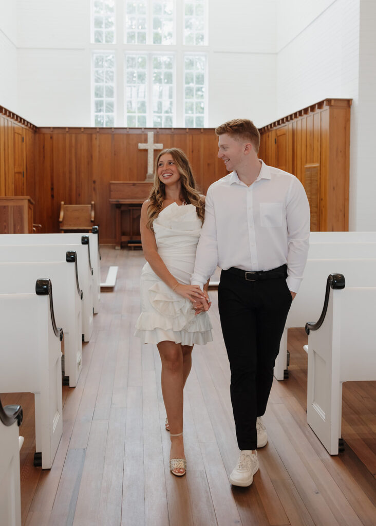 bride and groom walk down the aisle at the Seaside Chapel