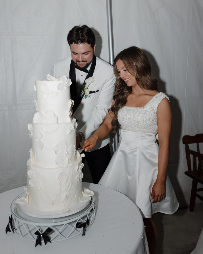 bride and groom cut their cake