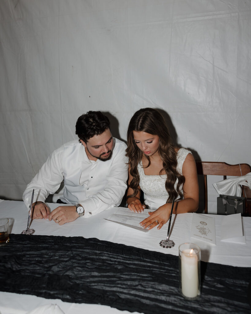 bride and groom sign marriage license