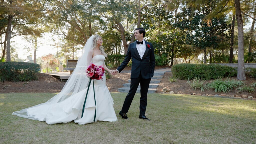 bride and groom walk to the chapel in Seaside Florida