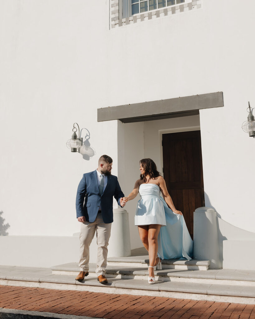 bride and groom take engagement photos in Rosemary beach