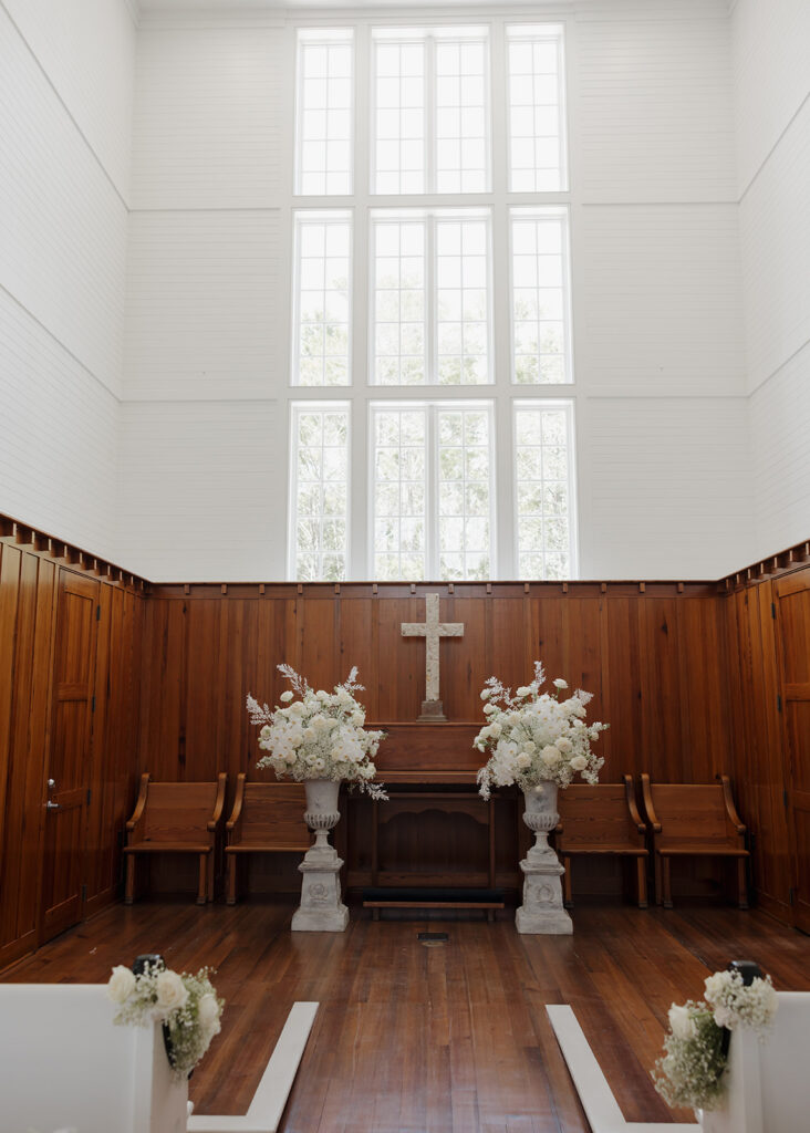 Wedding florals in the Chapel at Seaside