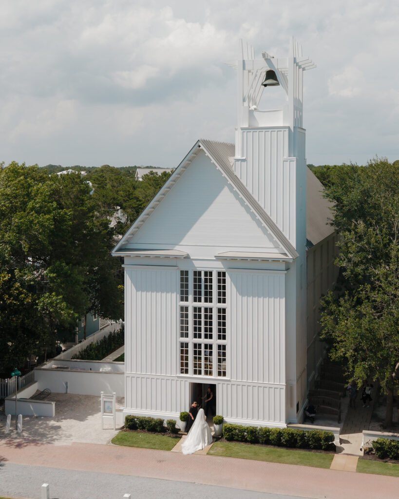 bride walks into the Seaside chapel