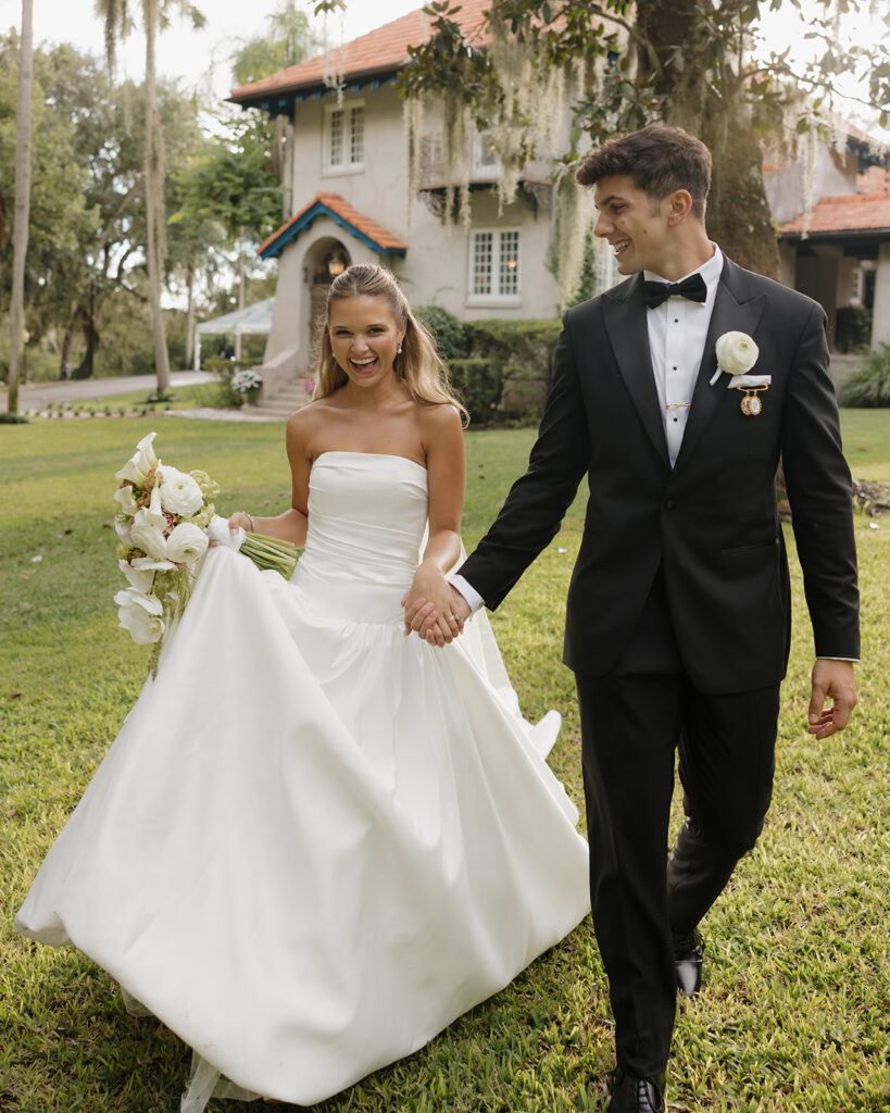 bride cheers and groom smiles